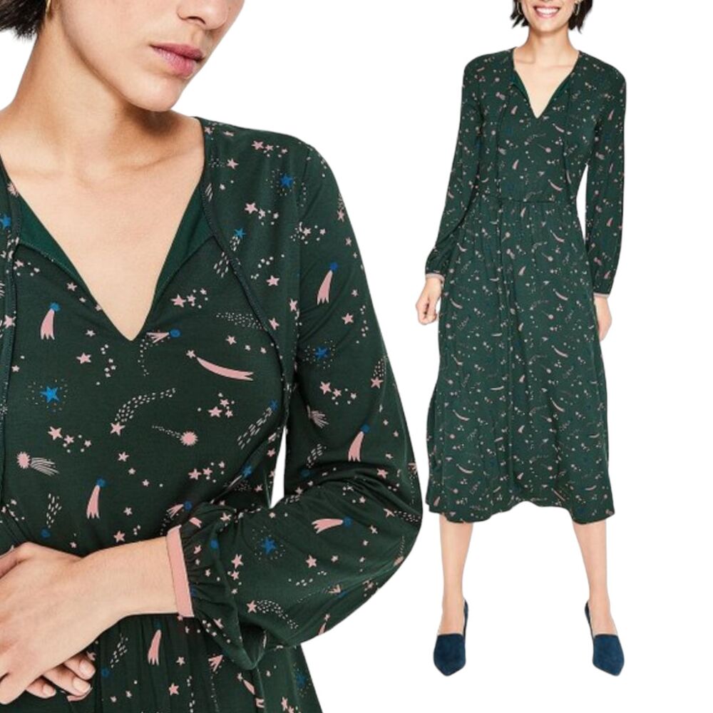 8 Boden Chatsworth Dress Cosmic Celestial Stars Green Flora Midi Shooting Star